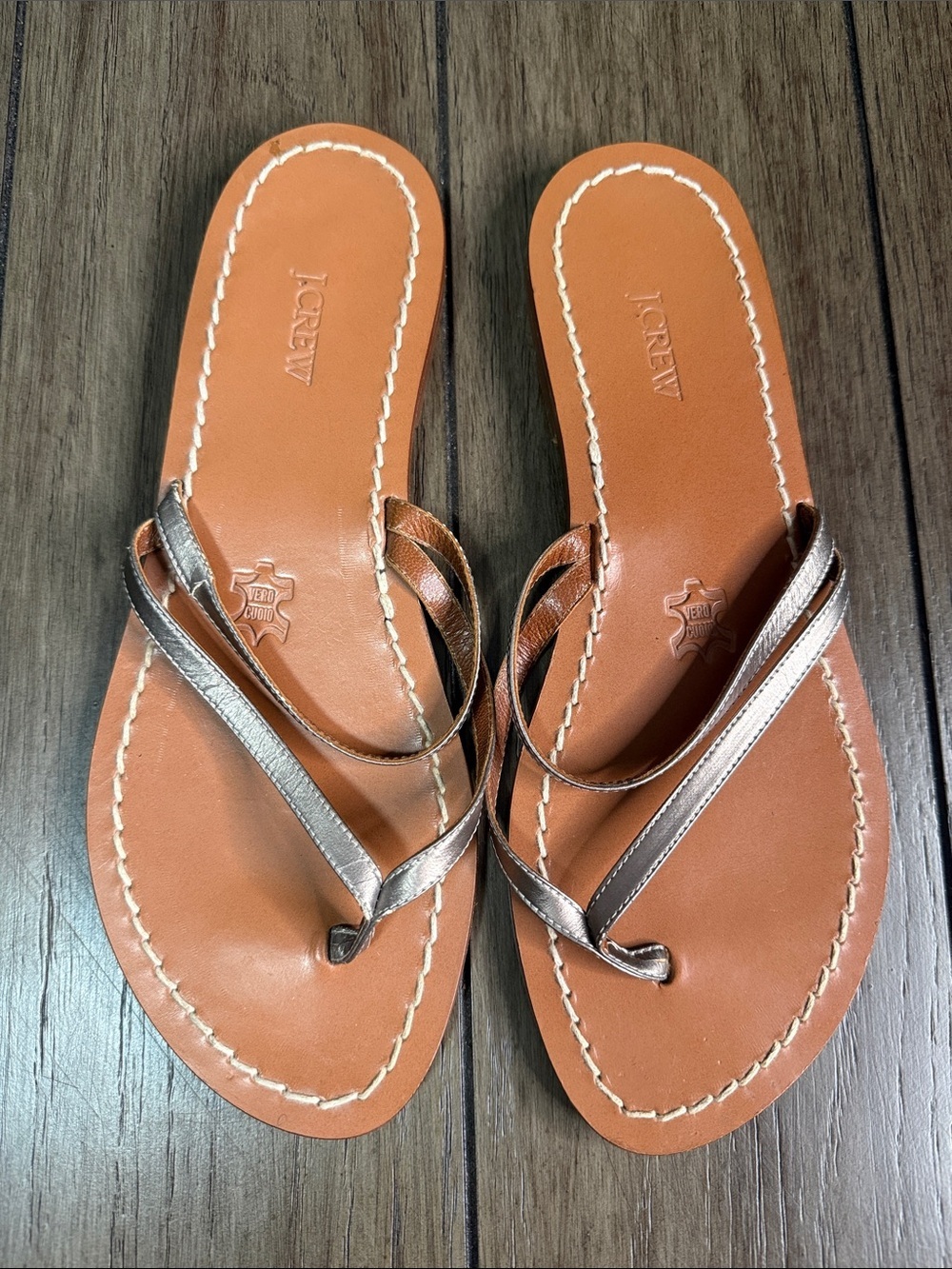 J. Crew Metallic Thong Sandals Tan Footbed Leather made in Italy Vero Cuoio 10